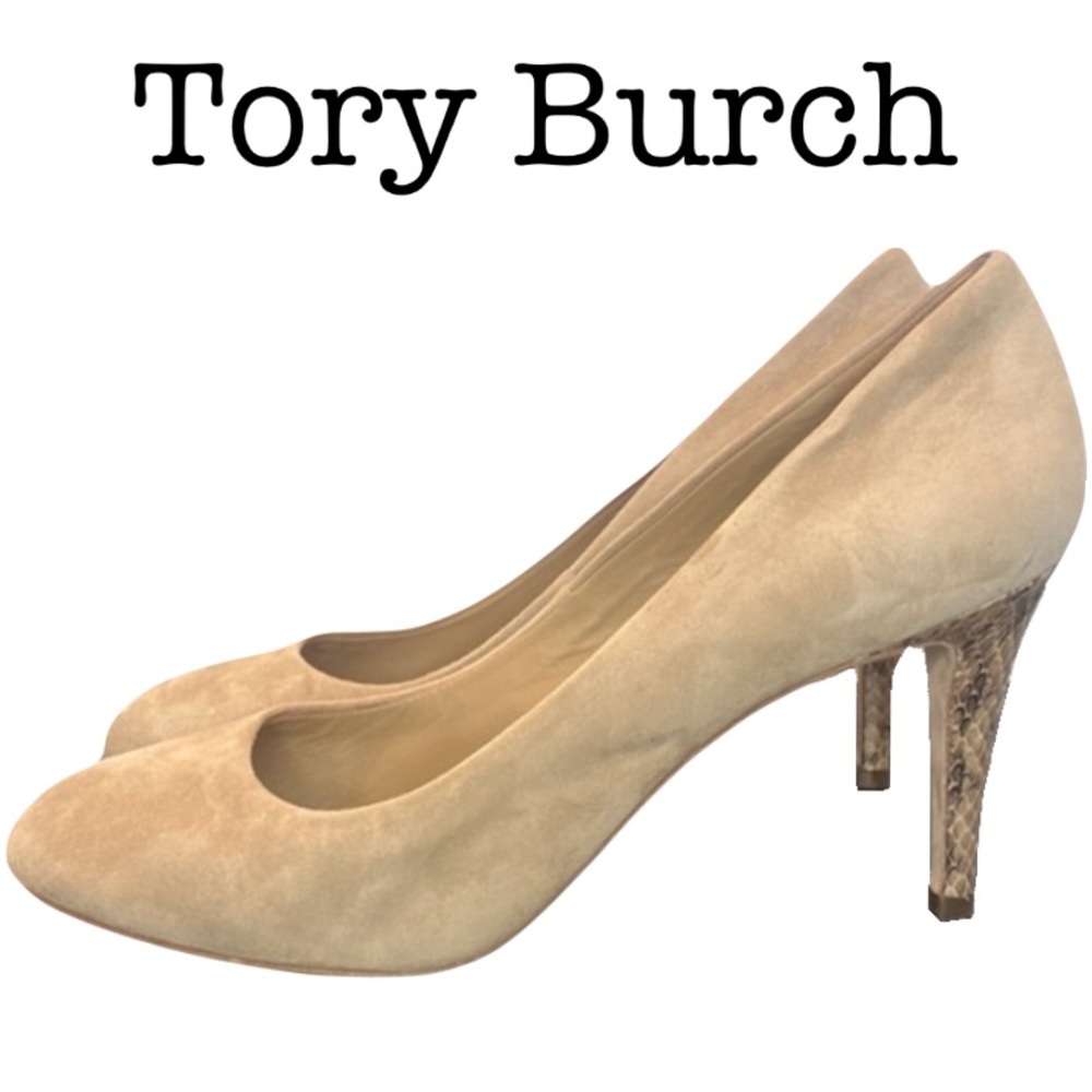 Tory Burch Tan Suede Snake Print Heels Size 8